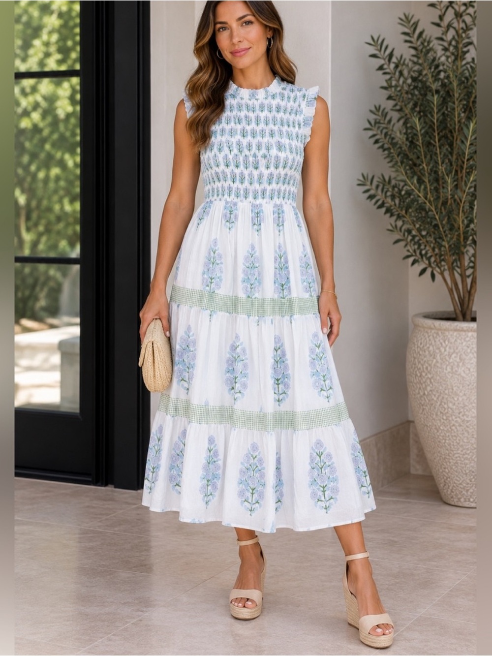 Oliphant smocked sleeveless midi dress